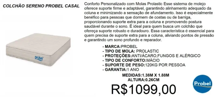 Colchão sereno probel casal - frete gratuito!