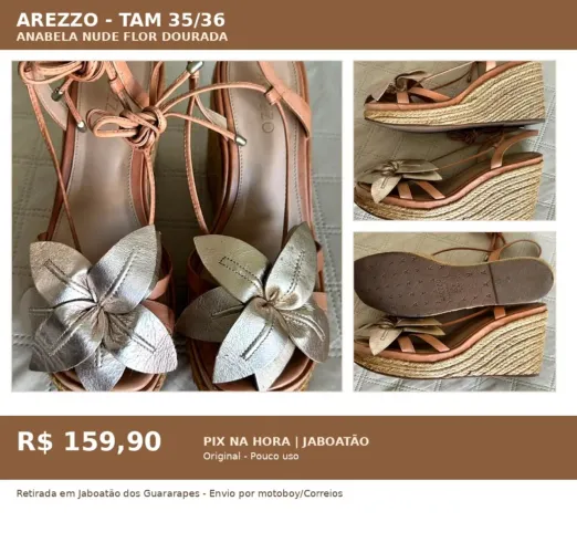 Sandália Arezzo Anabela Nude 35/36 Flor Dourada Original Pouco Uso