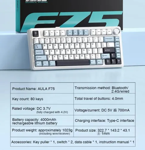 Teclado mecânico wireless AULA F75 - NOVO
