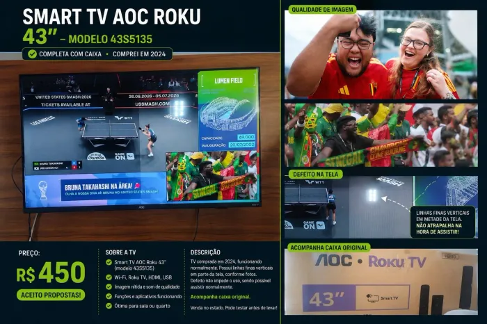 Vendo Smart TV AOC Roku 43", modelo 43S5135.