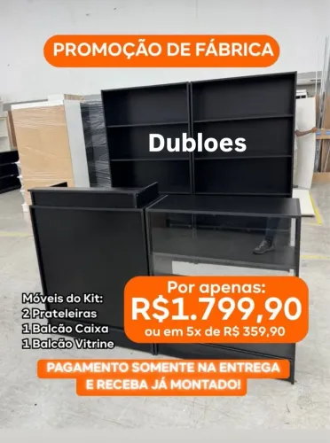 Balcão caixa + vitrine + prateleiras kit completo