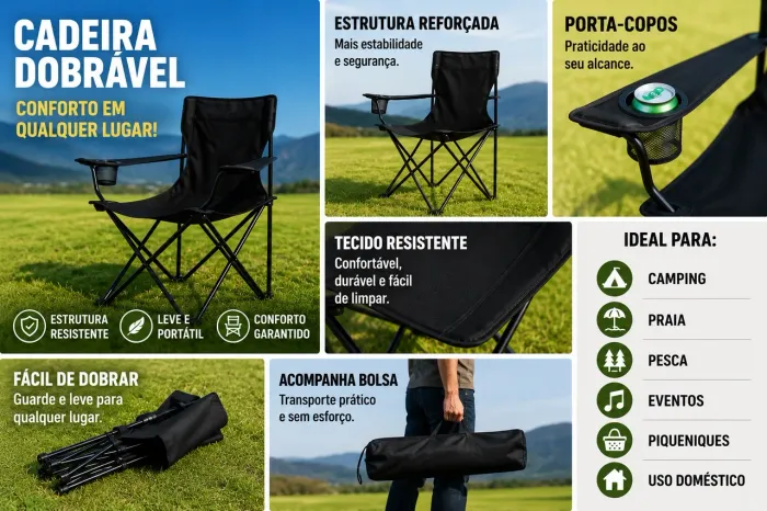 Cadeira Dobrável Portátil Reforçada com Porta-Copos | Camping, Praia e Pesca