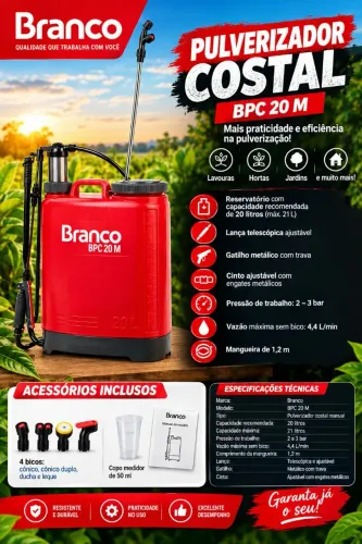 Pulverizador Costal Manual Branco BPC 20 M - 20 Litros com Lança Telescópica Ajustável<br>