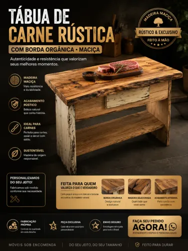 Tábua de Carne Rústica com borda Orgânica - maciça - Fabricamos móveis sob encomenda