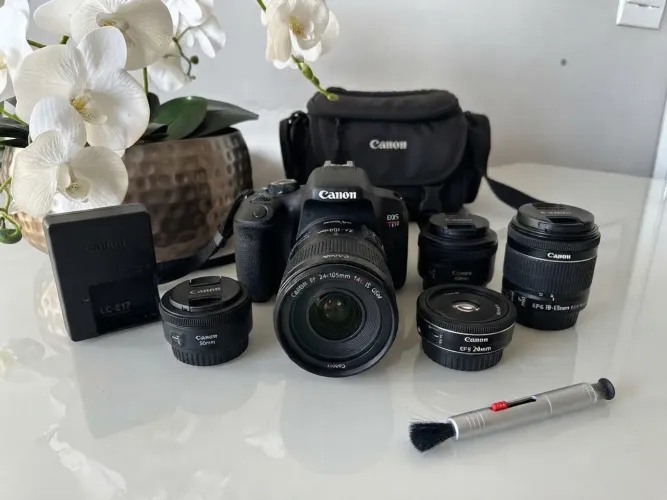Câmera Canon T7i + 3 Lentes (18-55mm, 50mm e 24mm) + Acessórios - Perfeito Estado!