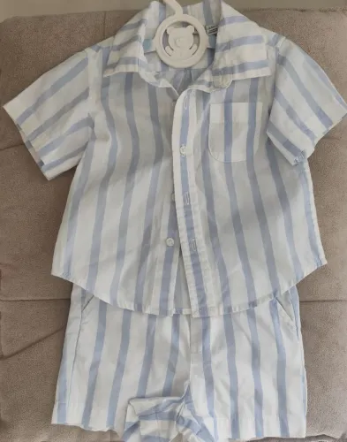 Camisa Infantil Janie and Jack Listrada Azul e Branca - 6 a 12 meses