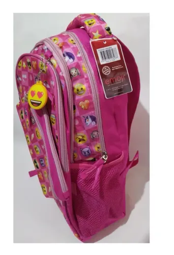R$49,99 kit mochila infantil escolar + estojo + chaveiro emoji rosa novo 40x30x21cm