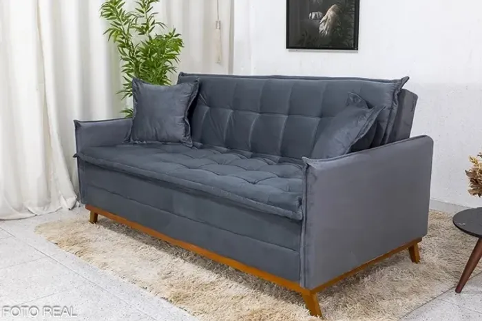 Sofá Cama larg. 1.93m Molas Bonnel Veludo Cinza rf55
