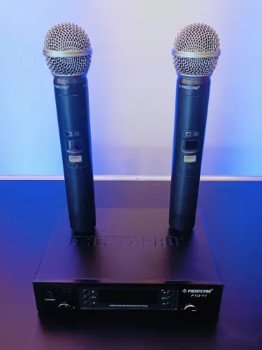 Sistema de Microfone Sem Fio UHF Duplo com Varredura Automática Phenyx Pro PTU-71-2H
