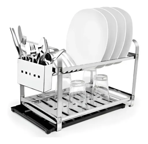 Escorredor De Loucas Inox 16 Pratos C/ Porta Talher Bandeja Cor Preto