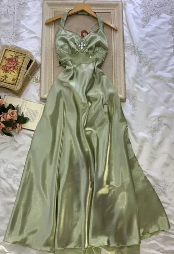 Vestido de Festa, Cetim, Verde Claro, Pedraria e Longo