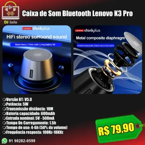 Caixa de Som Bluetooth Lenovo K3 Pro