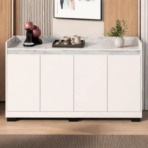 Buffet Real 4 Portas Marmorizado Off/Marmore Branco