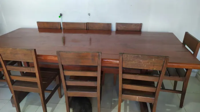 Vendo mesa de madeira com dez cadeiras.