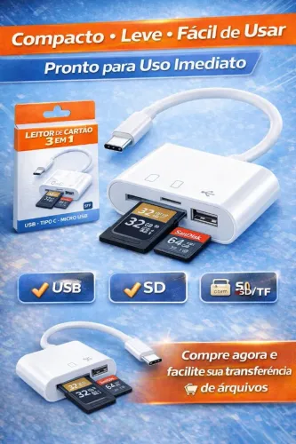 Leitor de Cartão 3 em 1 USB + Tipo C SD/TF para Celular e Notebook