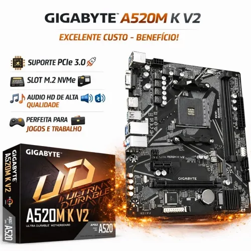 Placa mãe | AMD AM4 | A520M K V2 | Gigabyte | Nova Lacrada