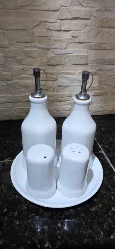 Galheteiro Com Dosador Em Inox Porcelana Completo 5 Peças