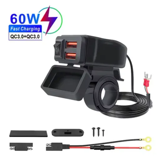 Tomada Carregador Turbo P/Moto Duplo USB C/Voltímetro E Botão De Deslig Moto A Prov D´Água