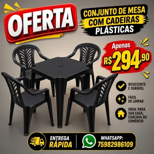 Conjunto de mesa com cadeiras plásticas preto