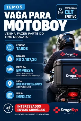 Vaga Motoboy CLT Efetivo - Tarde | R$ 2.107,30 | Moto da Empresa - Contagem/MG