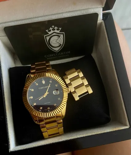 Relógio Masculino Constantim Gold Black Safira - Kit Completo Com Caixa e Elos