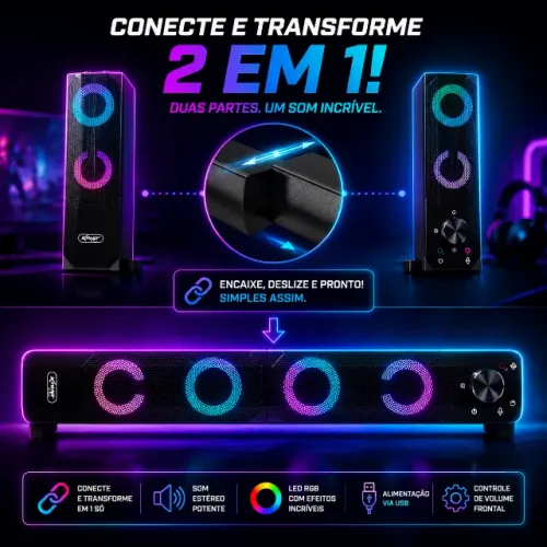 CAIXA DE SOM RGB 2 EM 1 | SOUNDBAR + CAIXAS ESTÉREO