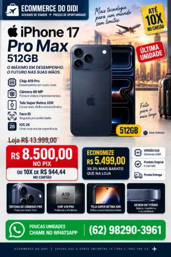 iPhone 17 Pro Max 512GB A19 Pro 6,9" Azul Intenso Novo Lacrado