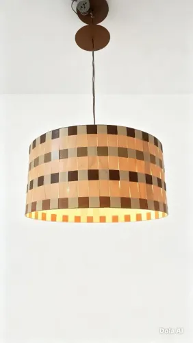 Luminária pendente em madeira com marchetaria artesanal peça única 46 x 20