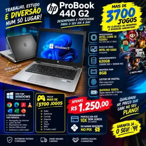 notebook hp probook 440 g2, i5, 8gb, 620gb, bateria 100% com jogos incluidos