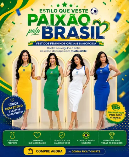 Vestido Midi look da Copa do Mundo Cores do Brasil torcida jogos do Brasil.