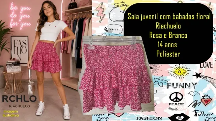 Saia juvenil com babados floral Riachuelo Rosa e Branco 14 anos 