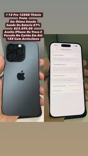 iPhone 15 Pro 128GB Titânio Preto - Saúde Da Bateria 87% (Usado)
