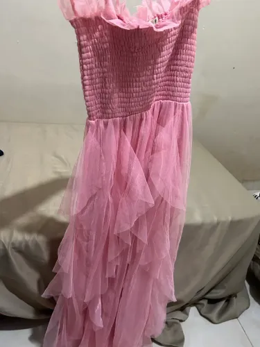 Vestido Longo Rosa em Tule com Lastex e Camadas - Amaram