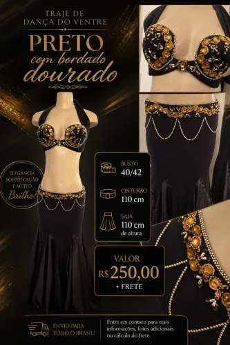 Traje Preto com Bordado Dourado (Dança do Ventre)