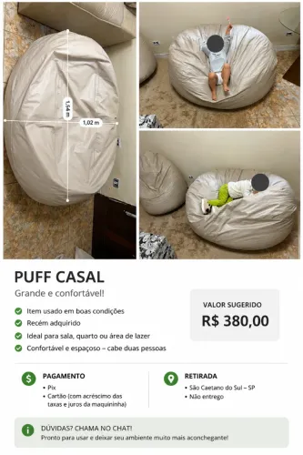 Puff Casal Gigante Premium | Super Confortável | Bege | 1,54 x 1,02 m ? Valor: R$ 380,00
