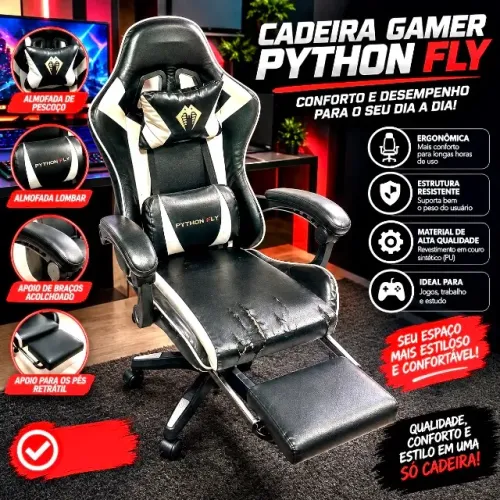Cadeira Gamer Python Fly GC01 Ergonômica com Apoio para Pés e Encosto Reclinável até 150kg