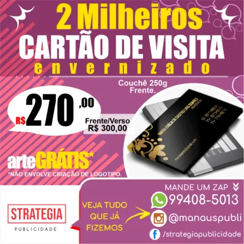  2 Mil Cartão de Visita: Arte e Entrega Grátis