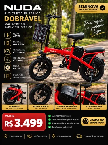 Bicicleta Elétrica NUDA 400W 48V Dobrável - NOVÍSSIMA 