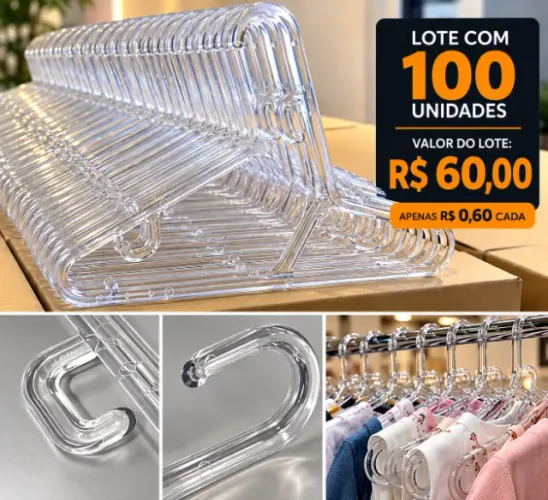Cabide Transparente - Lote com 100 Unidades