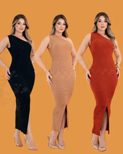 VESTIDO NUDE/ VERMELHO/MARROM ELEGANTE MIDI TRICOT UM OMBRO