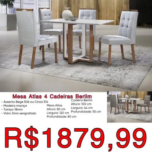 Mesa jantar Atlas 1.20m + 4 cadeiras / frete grátis / pague na entrega 