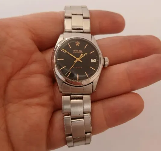 Relógio Rolex Oysterdate Precision com mostrador preto em aço inoxidável, Ref. 6466