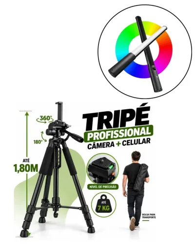 Kit para Fotografia - Tripé Profissional + Bastão LED RGB