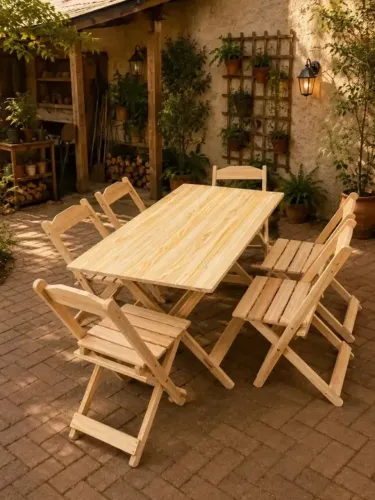 Conj Dobravel, Mesa Extrutura Eucalipto E Tampo Em Pinus, Cadeiras Em Eucalipto