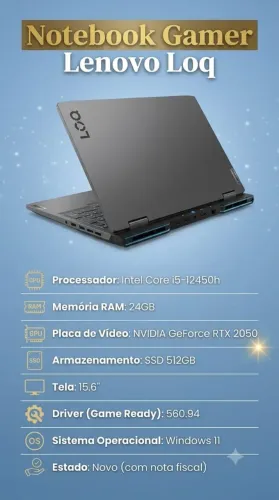 Notebook Gamer Lenovo Loq, i5-12450h, 24GB RAM, Placa Video NVIDIA RTX 2050, SSD 512GB