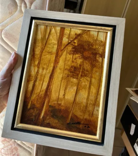 quadro pintado a mão tinta óleo floresta árvore dourada lindo
