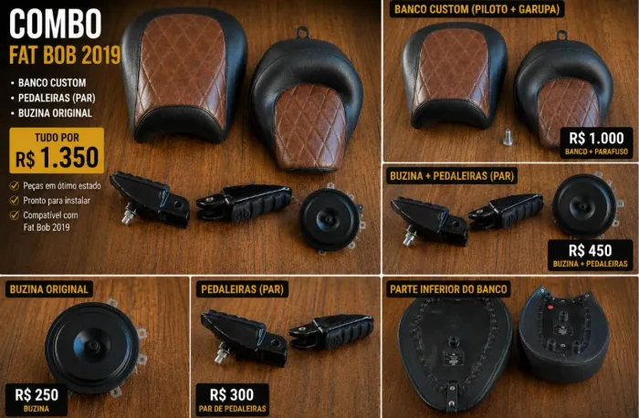 Banco Fat Bob HArley Davidson Custom + Pedaleiras + Buzina - Harley-Davidson Fat Bob 2019