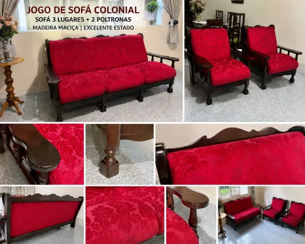 Jogo de Sofá Colonial em Madeira Maciça - Sofá 3 Lugares + 2 Poltronas - Excelente Estado