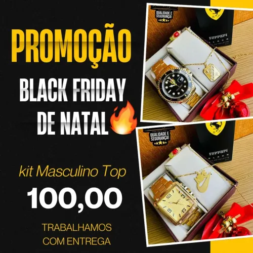 Kit Masculino Top Black de fim de ano relógio + Colar e anel