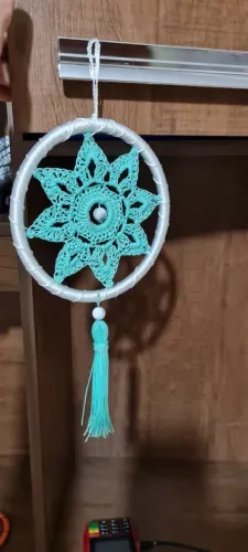 Mandala filtro dos Sonhos Crochê verde água e branco artesanal novo